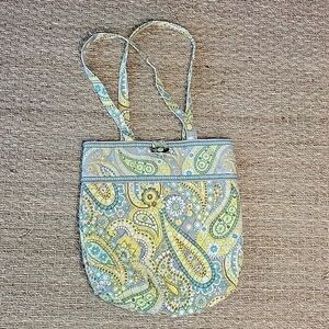 Vera BRADLEY Tote Bag In Yellow, Blue, Gray Brown. Three Pockets In The Inside.